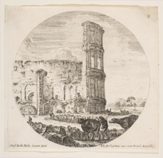 Plate 8: the Colosseum, two herds being directed towards the amphitheater in the foreg..., ca. 1646. Creator: Stefano della Bella.