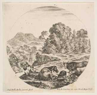 Plate 10: a horse lying down at center, a cow and two goats at right, two seated sheph..., ca. 1646. Creator: Stefano della Bella.