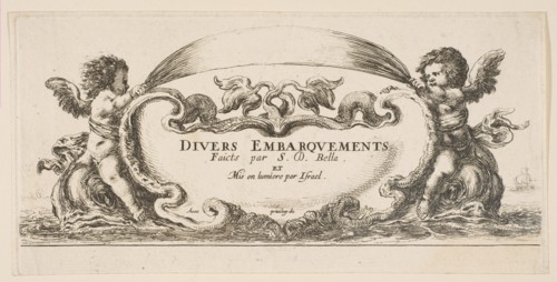 Frontispiece: cartouche at center, putti on either side riding on dolphins, from 'V..., ca. 1646-47. Creator: Stefano della Bella.