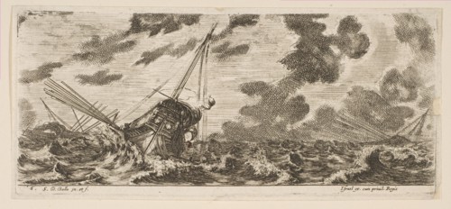 Plate 6: three ships in a storm, from 'Various Embarkations'