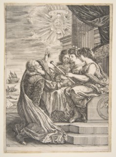 Galileo and personifications of Astronomy, Perspective and Mathematics, frontispiece for '..., 1656. Creator: Stefano della Bella.