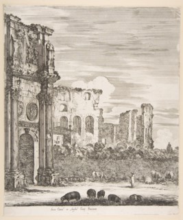 Arch of Constantine and Colosseum with sheep grazing in foreground, from 'Six large views..., 1656. Creator: Stefano della Bella.