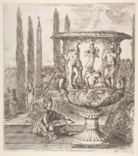 The Medici vase, a large vase to right decorated with a representation of the sacrifice of..., 1656. Creator: Stefano della Bella.