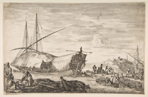 A galley covered in sails to left, six cannons and four people to left in foreground, one ..., 1655. Creator: Stefano della Bella.