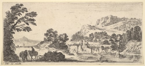 A mule carrying a woman and a peasant walking with a mule to left, a fisherman to righ..., ca. 1641. Creator: Stefano della Bella.