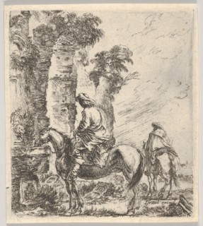 Plate 19: a rider making his horse drink from a basin of a fountain at left, another h..., ca. 1646. Creator: Stefano della Bella.