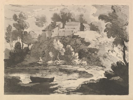 Hilly River Landscape, a Boat in the Water at Foreground Left, a Figure on the Far Shor..., 1783-84. Creator: Thomas Rowlandson.