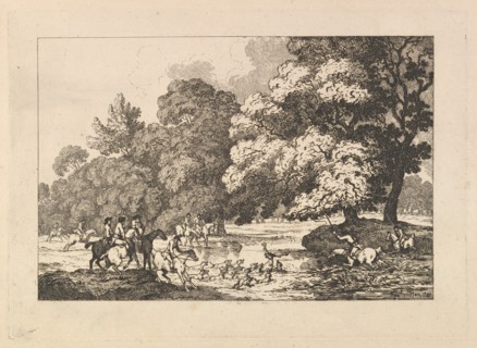 Deer Hunting - A Landscape Scene with Stag and Hounds in a River, 1787. Creator: Thomas Rowlandson.