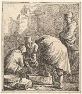 Man Adjusting His Footwear, at Left Three Men Playing Cards, 1630-77. Creator: Thomas Wijck.