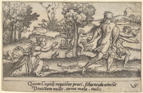 Atalanta and Hippomenes, in the foreground Atalanta kneeling to pick up an apple an..., ca. 1535-62. Creator: Virgil Solis.