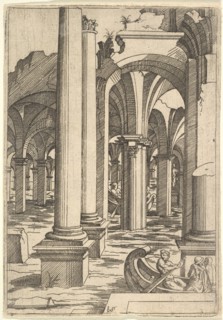 Boats Rowed Through Inundated Ruins, ca. 1550-62. Creator: Virgil Solis.