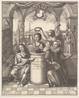 The Royal Society, frontispiece to Thomas Sprat, "The History of the Royal Society of Lond..., 1667. Creator: Wenceslaus Hollar.