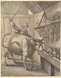 The dog in the manger from illustration to John Ogilby's 'Æsopic's: Or A Second Collection..., 1666. Creator: Wenceslaus Hollar.