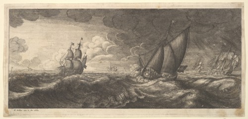 A yacht and three warships in a storm, 1665. Creator: Wenceslaus Hollar.