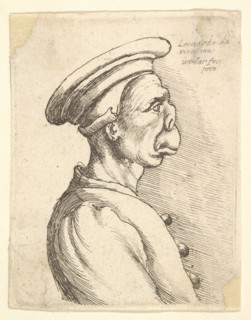 Bust of a man with a flat nose and protruding mouth, wearing flat cap and buttoned coat in..., 1660. Creator: Wenceslaus Hollar.