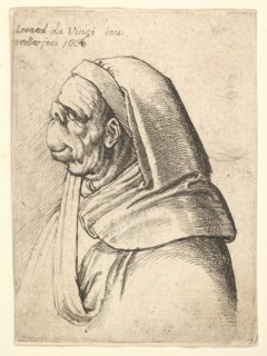 Bust of a man with a small turned-up nose and very high upper lip, wearing hood, in profil..., 1666. Creator: Wenceslaus Hollar.
