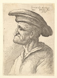 Bust of elderly man with nose that meets his lower lip, wearing wide flat cap in profile t..., 1665. Creator: Wenceslaus Hollar.