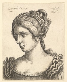 Bust of a woman looking downwards towards left with elaborately decorated hair, 1648. Creator: Wenceslaus Hollar.