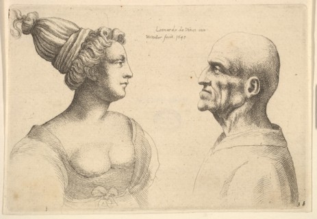 A female with hair tied back and a bald male facing each other, 1645. Creator: Wenceslaus Hollar.