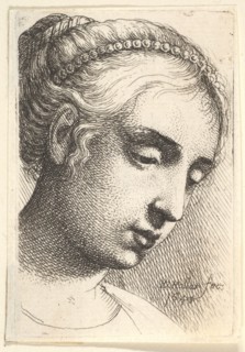 Woman with string of pearls in her hair looking downwards to right, 1645. Creator: Wenceslaus Hollar.
