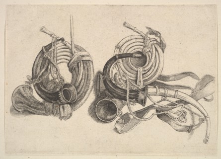 Five hunting horns, 1625-77. Creator: Wenceslaus Hollar.