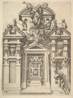 Design for an Architectural Structure with a Hunting Theme , Plate 74 from Dietterlin's Ar..., 1598. Creator: Wendel Dietterlin the Elder.