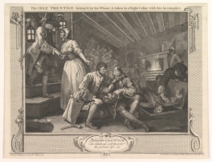 The Idle 'Prentice Betrayed by his Whore and Taken in a Night Cellar with hi..., September 30, 1747. Creator: William Hogarth.