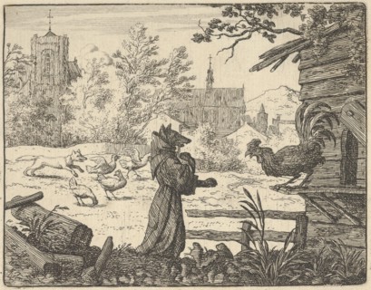 Renard, Disguised as a Monk, Gains the Confidence of the Rooster. From Hendrick van Alcmar's Renard The Fox, 1650-75. Third state of four.