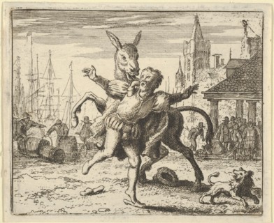 The Ass, Jealous of the Attention the Dog Is Getting From His Master, Looks to Imitate Him by Jumping at the Master's Neck. From Hendrick van Alcmar's Renard The Fox, 1650-75. Third state of four.
