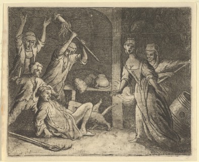 The Cat, Caught in a Snare, is Mistreated by the People from the House. From Hendrick van Alcmar's Renard The Fox, 1650-75. Fourth state of five.