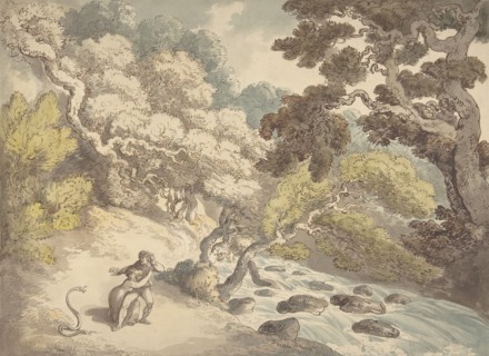 Landscape with rushing stream and a couple on the bank
