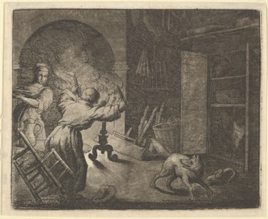 Renard Escapes with a Chicken that he Stole from a Clergyman's Table. From Hendrick van Alcmar's Renard The Fox