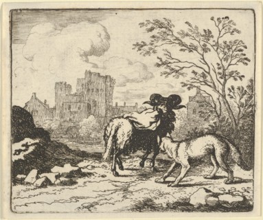 Renard Sends the Ram Back to the Lion with a Package Containing the Rabbit's Head. From Hendrick van Alcmar's Renard The Fox