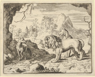 Renard Convinces the Lion and Lioness of Finding a Treasure His Father Stole from Them. From Hendrick van Alcmar's Renard The Fox
