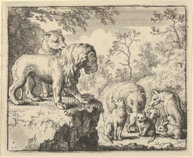 The Lion and the Lioness Pardon Renard and Order the Other Animals to Forget His Crimes. From Hendrick van Alcmar's Renard The Fox