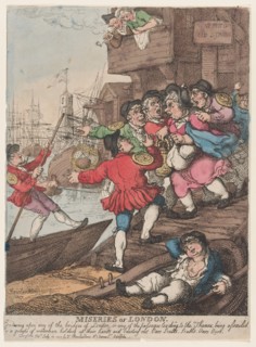 Miseries of London: Entering upon any of the bridges of London or any of the passages leading to the Thames being assailed by a groupe [sic] of watermen holding up their hands and bawling out. Oars Sc...