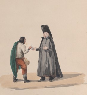 A canon handing a crucifix to a man, from a group of drawings depicting Peruvian costume, 1848.