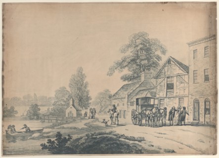 A Coach Outside an Inn, 1785-90.  country inn with a carriage stopped in front and a lady and two gentleman entering the front door. Other couples stroll along the road near a small chapel and on a ri...