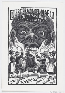 A demon breathing fire and people running around in the foreground, illustration for 'El Testerazo del Diablo,' published by Antonio Vanegas Arroyo, ca. 1880-1910.