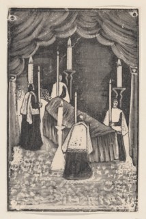 A group of holy men holding candles around a bier with a prelate, ca. 1880-1910.