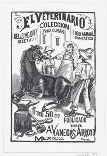 A group of people surrounding a horse, illustration for 'El Veterinario (The Veterinary: Collection of the best prescriptions for curing all domestic animals)' published by Antonio Vanegas Arroyo, ca....