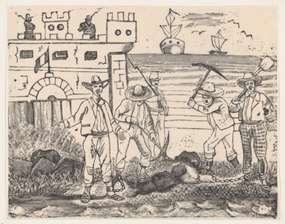 A group of prisoners performing labor by the sea, from a broadside entitled "Ultimas noticias de Gerardo Nevraumont y compañeros' [Treffel, Sousa and Caballero?], 1892.