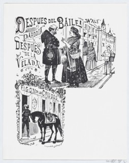 A man and woman speaking on the street, ca. 1880-1910.
