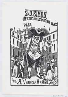 A man shrugging his shoulders towering over buildings and people, 'Señor D. Simon' published by Antonio Vanegas Arroyo, ca. 1880-1910.