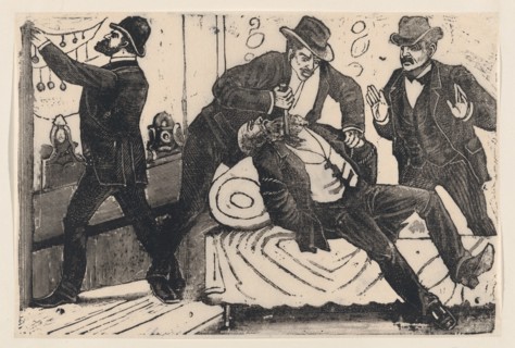 A man stabbing another man in the chest while his associates loot a store, [Nevraumont, Treffel, Sousa and Caballero?] from a broadside entitled 'The theft at La Profesa', ca. 1890-1891.