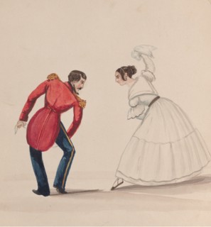 A Peruvian man and woman dancing the Zamacueca, from a group of drawings depicting Peruvian costume, ca. 1848.