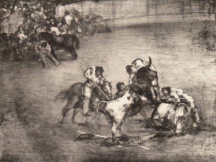 A picador caught by a bull, from the 'Bulls of Bordeaux', 1825.