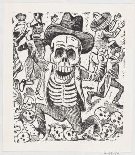 A skeleton holding a bone and leaping over a pile of skulls while people flee, from a broadside entitled 'Las bravisimas calaveras Guatemaltecas', ca. 1907.