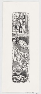 A skeleton painting and another skeleton holding a bottle of liquor, from a broadside entitled 'Aqui esta la calavera del editor popular', ca. 1880-1910.