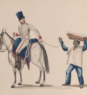 A soldier on horseback holding a rope that secures an indigenous slave balancing a plate on his head, from a group of drawings depicting Peruvian costume, ca. 1848.